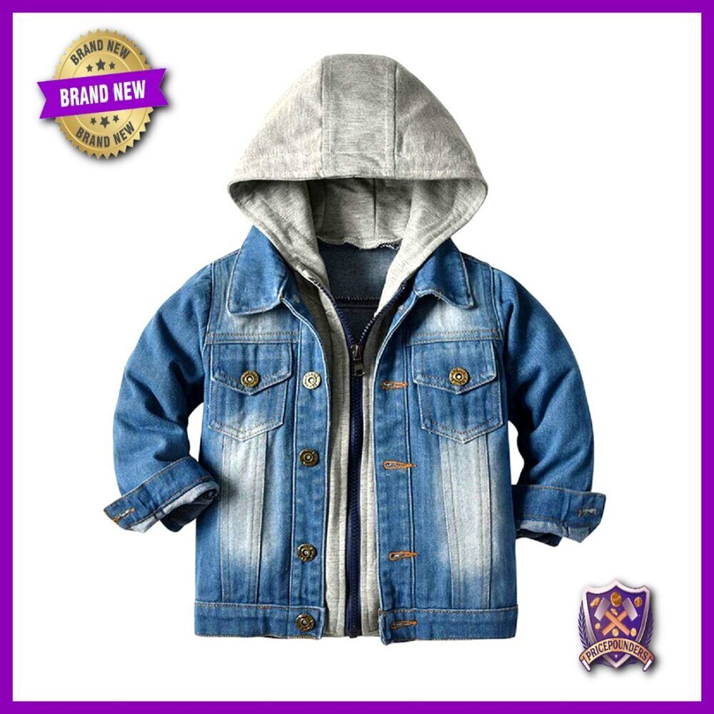 Denim Hooded Cardigan Jacket Classic Preppy Outerwear for Kids Button Cuffs